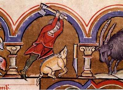 Kalender: November. De varkens worden geslacht. Detail van een miniatuur uit 