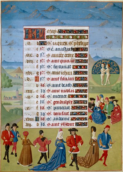 Kalender: de maand mei, dansen en spelen - Miniatuur van de Meester van Jean Rolin uit het manuscript 