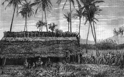 Canaques van Nieuw-Caledonië voor een doos of een vergaderhuis. Gravure in 