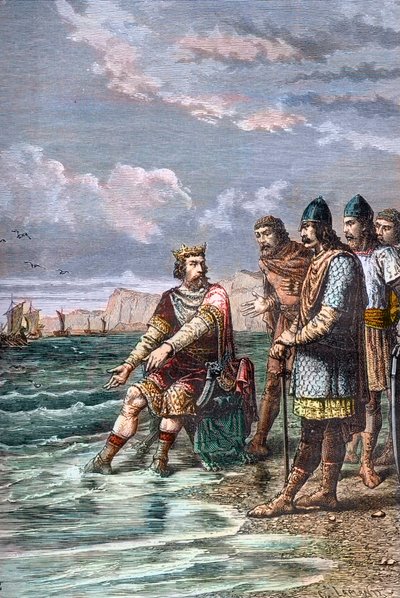 Knoet de Grote overtuigt zijn hovelingen dat hij niet de macht heeft om het tij te keren - Koning Knoet II de Grote (Knud I de Grote) (ongeveer 995-1035), koning van Engeland vanaf 1016, van Denemarken vanaf 1018 en van Noorwegen vanaf 1030 - Hij toont zij door Unknown artist