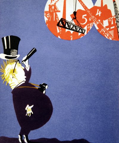 Kapitalistische man bang voor de vooruitgang van de sovjeteconomie, ansichtkaart door Unknown Artist