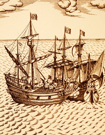 Verovering van het Spaanse galjoen de Cagafuego door de Golden Hind geleid door Francis Drake in maart 1579 (gravure) door Unknown artist