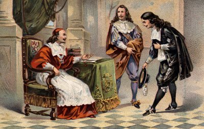 Kardinaal Jules Mazarin (Giulio Raimondo Mazzarino of Mazarino) (1602-1661) ontving Jean-Baptiste Colbert (1619-1683) door Unknown artist