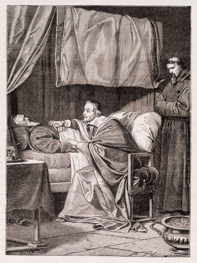Kardinaal Richelieu aan het sterfbed van Vader Joseph - gravure door Unknown artist