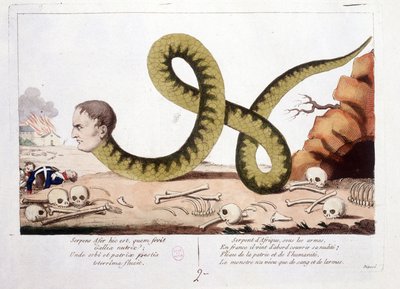 Cartoon over Napoleon I afgebeeld als een slang. Slang van Afrika onder de wapens, in Frankrijk kwam hij eerst om zijn naaktheid te bedekken; Gesel van vaderland en mensheid, het monster leefde alleen van bloed en tranen. - in Napoleon I, karikaturen, dumm door Unknown artist