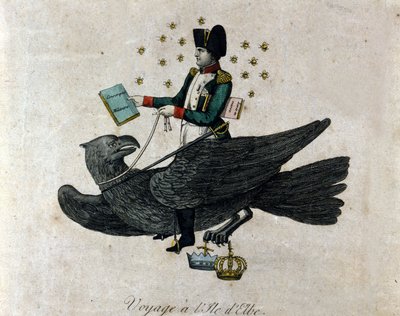 Spotprent over Napoleon over zijn ballingschap op het eiland Elba. Napoleon op een adelaar houdt in zijn rechterhand een boek getiteld Militaire Dienstplicht. Gravure uit de periode. door Unknown artist