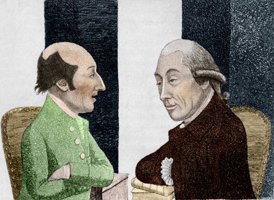 Cartoon door James Hutton (1726 - 1797) links en Joseph Black (1728 - 1799) rechts. Gravure begin 19e eeuw door Unknown artist