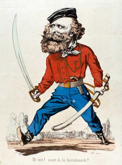Cartoon van Giuseppe Garibaldi (1807-1882), Italiaanse patriot en held van het Risorgimento, uitroepend 