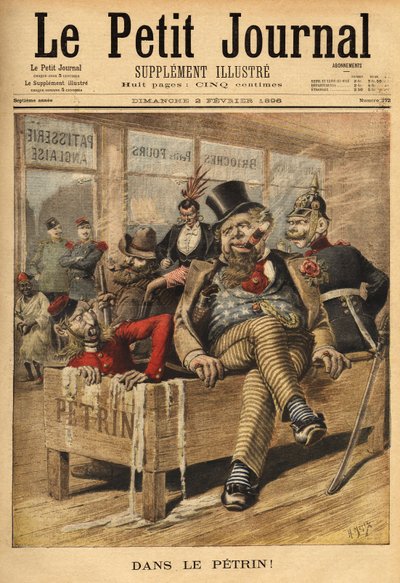 Cartoon over Engeland: Frans en Russisch, bij de ingang van een Engelse banketbakkerij, lachend om Engels, in de Petrin, met zijn Duitse bondgenoot, omdat Engels diplomatieke problemen opstapelt sinds de Venezolaanse affaire, die de diplomatieke breuk mark door Unknown artist