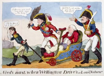 Cartoon over Napoleon I, Lodewijk XVIII en Wellington - in 