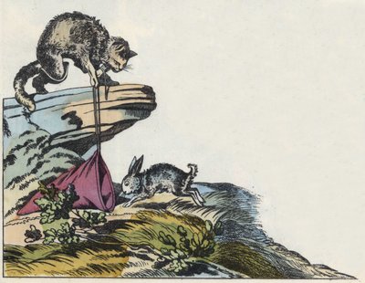 Kat vangt een konijn. Illustratie van het sprookje 