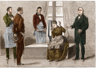 Katalepsie veroorzaakt onder invloed van geluid (stemvork). Franse neuroloog Jean Martin Charcot (1825-1893) (rechts) demonstreert hypnose op een patiënt in het Salpêtrière ziekenhuis. Illustratie uit 