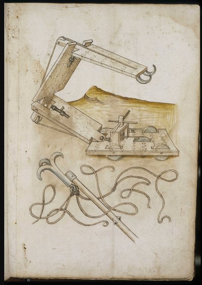 Katapult- en haaksysteem - Manuscript: perkamentblad van een ingenieurshandboek voor de bouw van civiele, religieuze en militaire gebouwen, anoniem, eind 15e eeuw (figuur in Chinese inkt) door Unknown artist