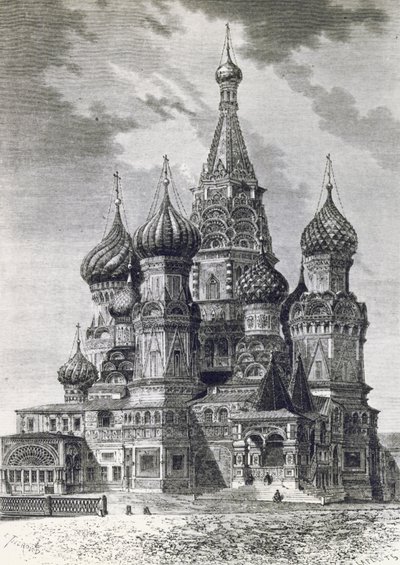 Kathedraal van de Bescherming van de Allerheiligste Theotokos op de Gracht of Sint-Basiliuskathedraal op het Rode Plein in Moskou, Rusland, gravure uit Vrij Rusland door Unknown artist