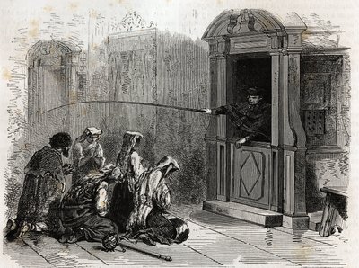 Katholieke gelovigen in gebed, ontvangen gewone boetedoening, zweepslagen toegediend door een priester vanuit de biechtstoel. Gravure ter illustratie van het verhaal van de Heilige Week in Rome, in 1863, door Ludovic Celler, in 