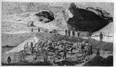 Cerro de Pasco zilvermijn in Peru: transport van erts op de rug van muilezels. Gravure in La Nature door Unknown artist