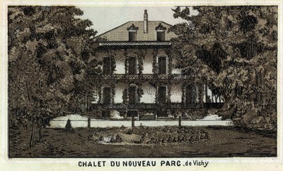 Chalet van het nieuwe park van Vichy (Allier en de Auvergne-regio). Chromolithografie van het einde van de 19e eeuw door Unknown artist