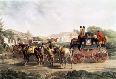 Wisseling van het span bij de herberg tijdens een reis per koets door Unknown artist