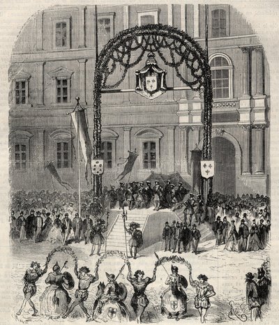 Liefdadigheidsfeesten in Marseille ter herdenking van de aankomst van Frans I waar hij paus Clemens VII ontmoette: farandole gedanst op het Saint-Ferreolplein voor de tribune van koning Frans I. Gravure in 