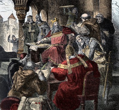 Karel de Grote (742 - 814) op zijn troon presiderend over de Paleisacademie (gravure) door Unknown artist