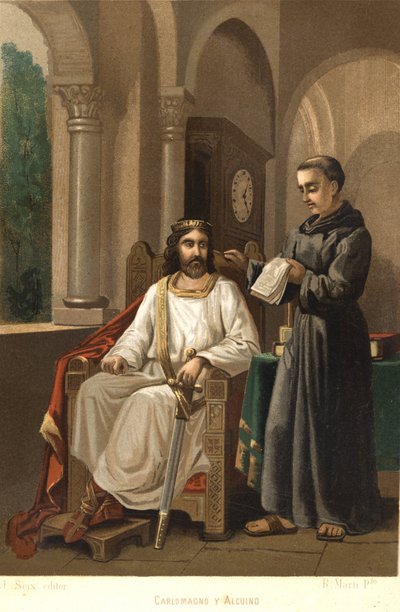 Karel de Grote (747-814), koning der Franken en keizer van het Westen, en Alcuin (ca. 781). Naar 