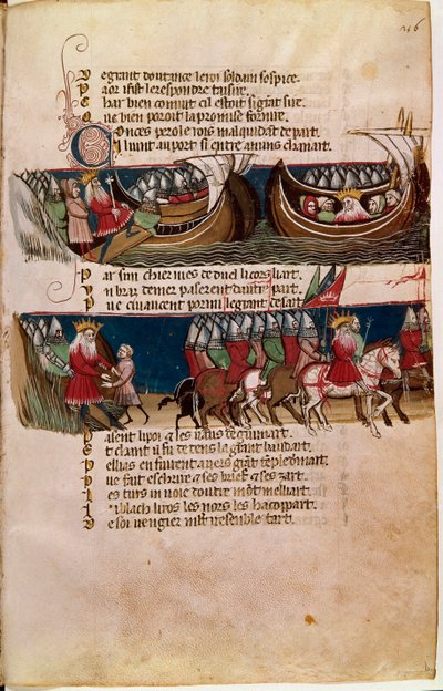 Karel de Grote vaart op een schip en leidt hieronder zijn legers tijdens zijn veroveringen (miniatuur) door Unknown artist