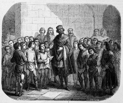 Karel de Grote bezoekt een school - in History of Popes, Kings, Queens, Emperors, through the centuries door Maurice Lachatre door Unknown artist