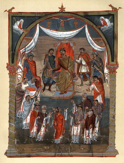Karel II de Kale (823 - 877), koning van Frankrijk ontvangt een delegatie van monniken uit Tours. Facsimile in chromolithografie van de 19e eeuw naar een miniatuur uit de 10e eeuw bewaard in de B.N. de Paris door Unknown artist