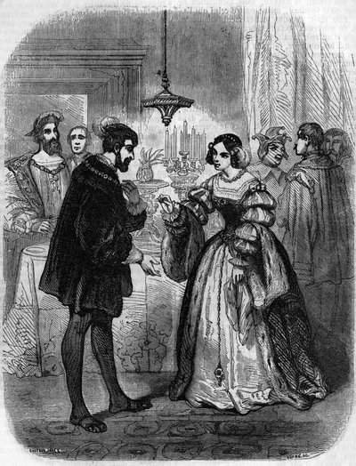 Karel V (1500-1558) met Anne de Pisseleu (1508-1580), hertogin van Étampes, minnares van Frans I bijgenaamd La Belle Ferronnière. Gravure uit de 19e eeuw. door Unknown artist