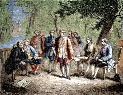 Charles de Secondat Montesquieu met de wetenschappelijke cenakel in Kasteel Clairac, Frankrijk - Het wetenschappelijke cenakel van kasteel Clairac: Montesquieu en de baron de Secondat, zijn zoon, de ridder de Vivens, Romas en de broers Dutilh - in 