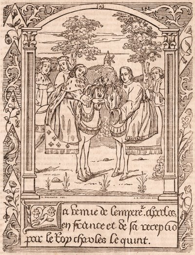 Karel de Vijfde ontvangt keizer Karel IV, Heilige Roomse keizer en koning van Bohemen door Unknown