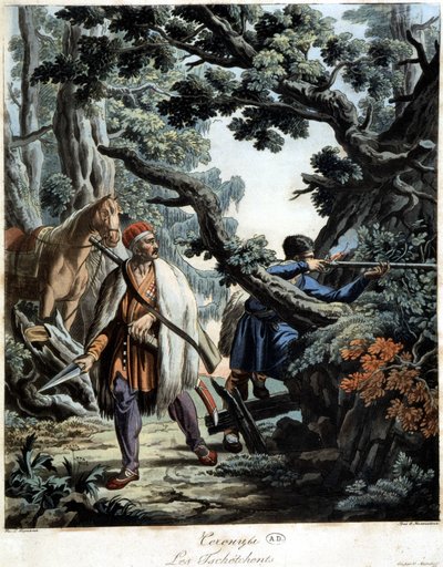 Tsjetsjenen in een hinderlaag in een Kaukasisch bos, begin 19e eeuw door Unknown artist
