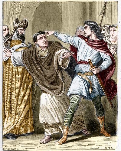 Childerik II, koning van de Franken van 670 tot 673 liet de bisschop Sint Leger (616-675) opsluiten in de Abdij van Luxeuil. door Unknown artist