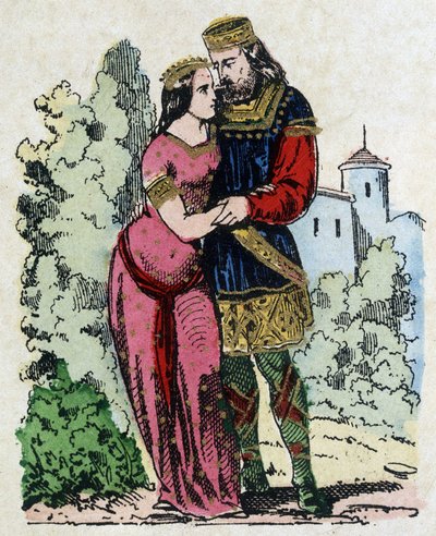 Childerik I, koning van de Salische Franken (436-481) ontmoette Basin van Thüringen (vrouw van de koning van Thüringen) tijdens zijn ballingschap. Clovis werd geboren uit hun huwelijk. door Unknown artist