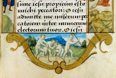 Kinderen die een balspel spelen, voorloper van hockey. Detail van een miniatuur uit het Getijdenboek van de familie van Anjou door Unknown artist