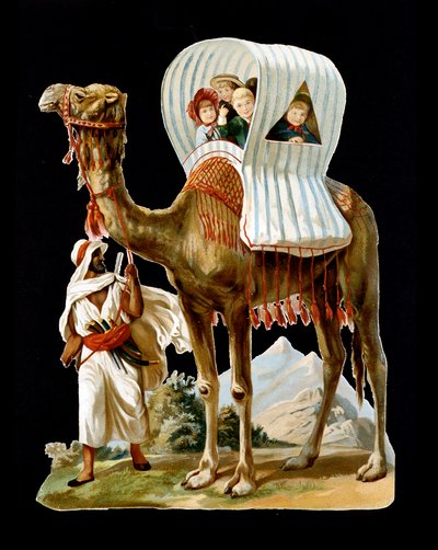 Kinderen wandelen in een mand op een kameel, Algerije - chromo., eind 19e eeuw door Unknown artist