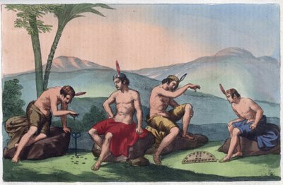Chileense inheemse Indianen spelen Queciu en Porotos, Chili - gravure uit 