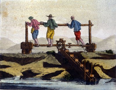 China. Transport van water in rijstplantages van het ene niveau naar het andere - in 