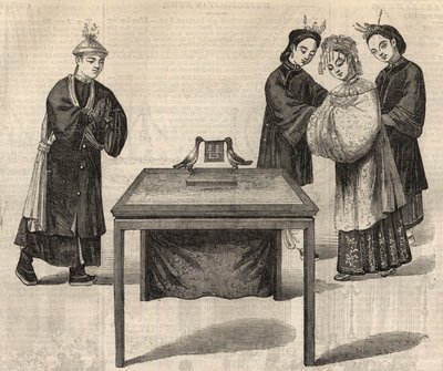 Chinese gewoonte: ondertekening van een huwelijkscontract. Een tablet met de namen van de twee echtgenoten wordt op een tafel geplaatst met twee duiven. Gravure in 