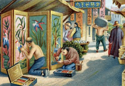 Chinese pluimwerkers werken op straat: ze maken panelen of schermen met een naald en veren. door Unknown artist