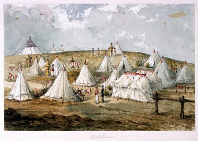 Chobham, kolonel Hodges, tent Grenadier Guards kampement. De tent van de koningin over de heuvel door Unknown artist