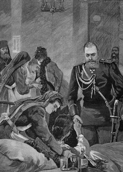 Cholera in Rusland in 1892: Alexander III, keizer van Rusland en zijn vrouw Maria Feodorovna, keizerin van Rusland bezoeken een ziekenhuis. Gravure uit 1892. door Unknown artist