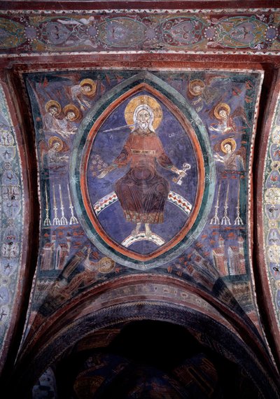 Christus uit de Apocalyps met het tweesnijdend zwaard uit de mond, fresco 13e eeuw door Unknown artist