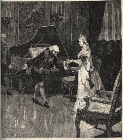 Christoph Willibald Gluck voor koningin Marie-Antoinette in Trianon - Christoph Willibald Gluck (1714-1787), Duitse componist speelt voor koningin Marie Antoinette in Trianon - gravure in 