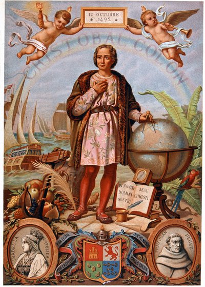 Christoffel Columbus. Links, portret van Isabella de Katholieke, Koningin van Castilië (1451-1504). Spaanse chromolithografie uit de 19e eeuw door Unknown artist