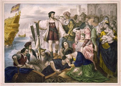 Christoffel Columbus en de Pinzon-broers verlaten de haven van Palos in Spanje op 03/08/1492 naar de Nieuwe Wereld. Gravure z.d. 2e helft van de 19e eeuw door Unknown artist
