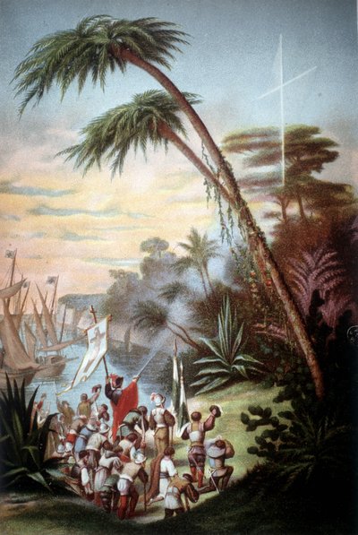 Christoffel Columbus arriveerde in San Salvador in 1492. door Unknown artist