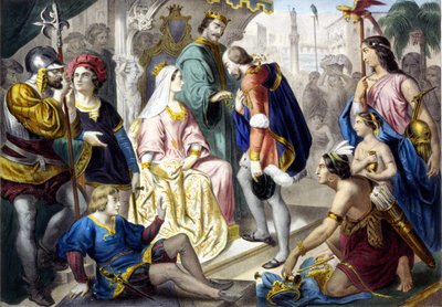 Christoffel Columbus voor de katholieke koning Ferdinand II van Aragon en koningin Isabella I van Castilië, bij zijn terugkeer uit Amerika door Unknown artist