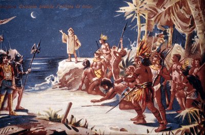 Christoffel Columbus voorspelt de maansverduistering aan de Indianen. 19e-eeuwse chromolithografie door Unknown artist