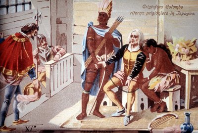 Christoffel Columbus keert als gevangene terug naar Spanje. 19e-eeuwse chromolithografie door Unknown artist